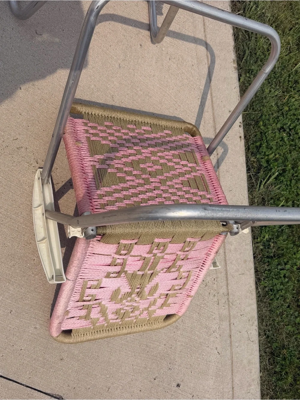 Vintage 1960s 70s Woven Aluminum Folding Lawn Chairs Pink Heart Pair  of Macrame
